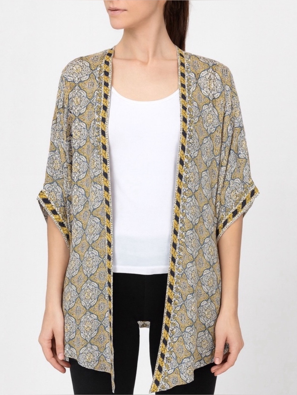 Allison Joy Mustard & Navy Embroidered Edged Made in India Kimono Cardigan